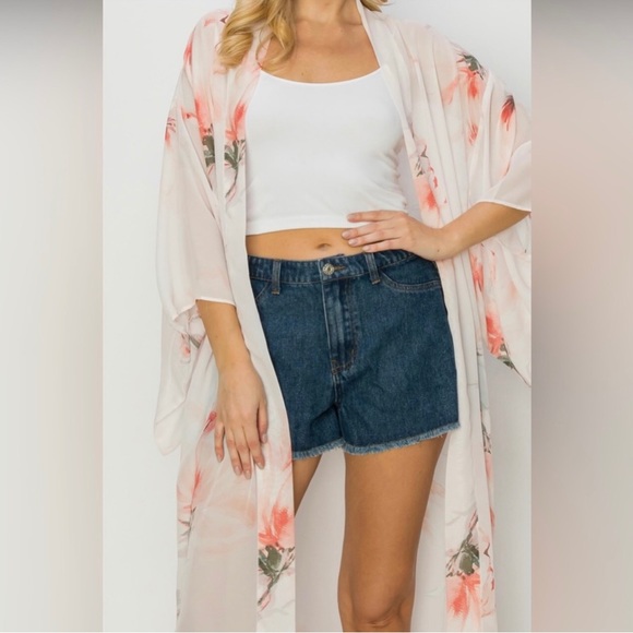 Multicolor Pink Floral Chiffon Sheer Kimono Cardigan - Picture 3 of 5